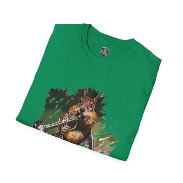 OG Chipmunk T-Shirt in green, showcasing an illustration of a squirrel playing a trumpet.