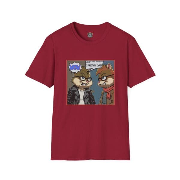 The "Overt Narcissism - Forgetting Myself Graphic Tee" in red showcases a comic-style image of two animated animals in leather jackets having a conversation, with one saying "You" and the other replying, "I'm sorry, what I was.