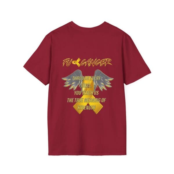 A maroon F Cancer Childhood Cancer Awareness T-Shirt featuring "F*** Cancer" text, angel wings graphic, and the message "Through every trial, you teach us the true meaning of strength" in yellow and white.