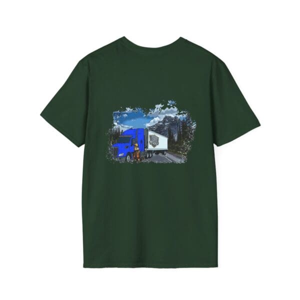 Chipmunk Trucker Shirt in green, showcasing an illustration of a blue semi-truck traversing a mountain road.