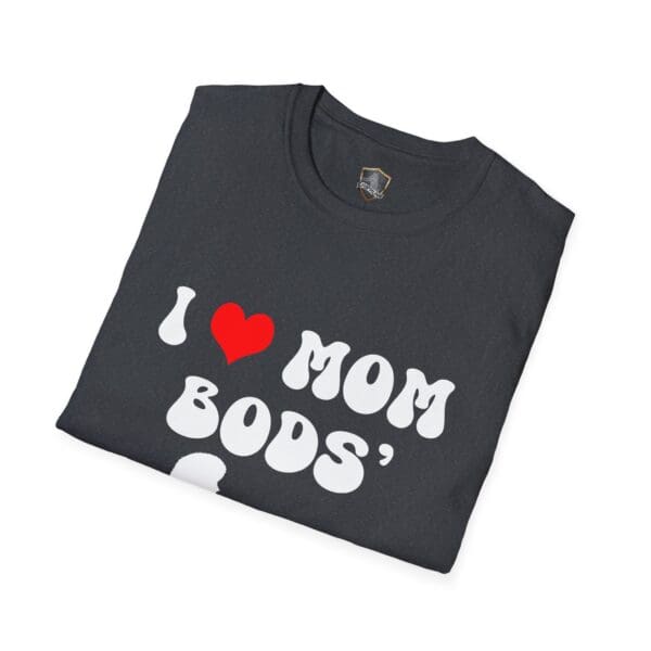 A folded black t-shirt featuring the "I ❤️ Mom Bods" design in white and red lettering.