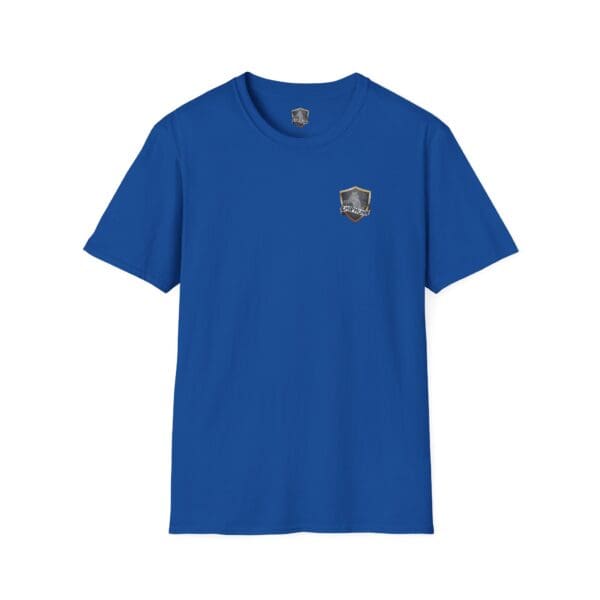 A Chipmunk Family T-Shirt in blue featuring a small shield emblem on the upper left front side.