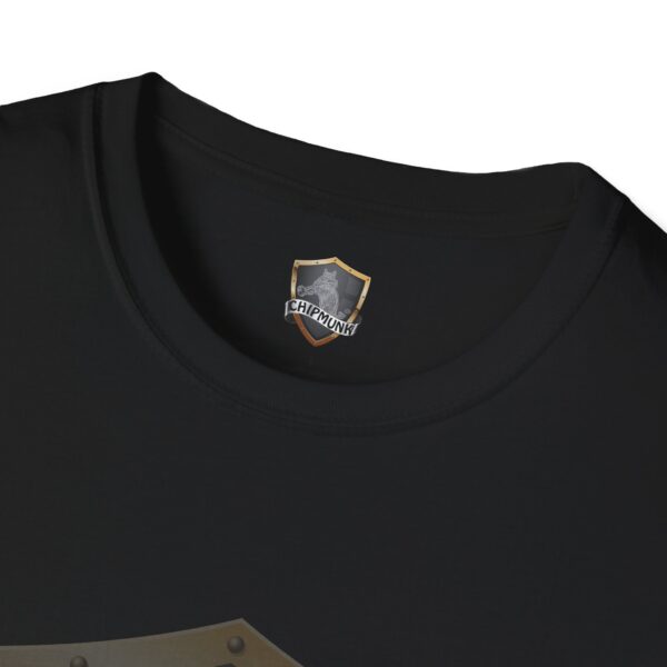 Close-up of a black t-shirt collar featuring a shield logo and the words "Good Vibes Only Shirt" on the label.