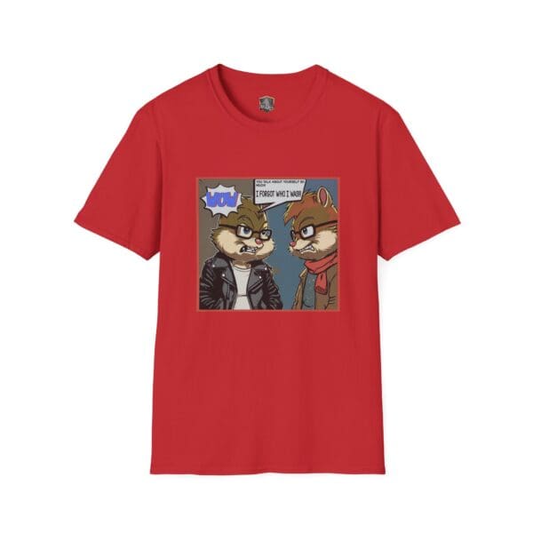 A red graphic tee called "Overt Narcissism - Forgetting Myself" featuring a cartoon print of two animals having a conversation with comic-style speech bubbles.