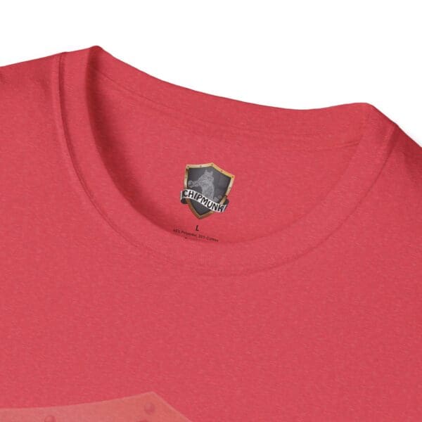 Close-up of the "Good Vibes Only Shirt" in red, highlighting the collar, size label "L", and Chipmunk brand logo.