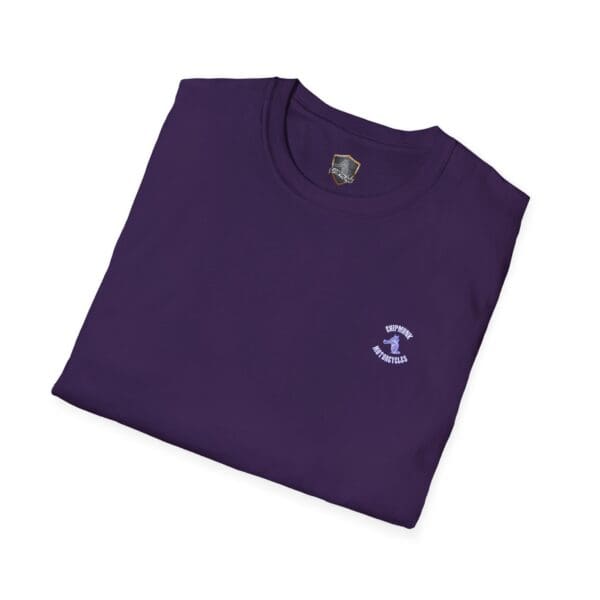 A folded purple Chipmunk Motorcycle T-Shirt with a small embroidered logo of a hand and text on the left chest.