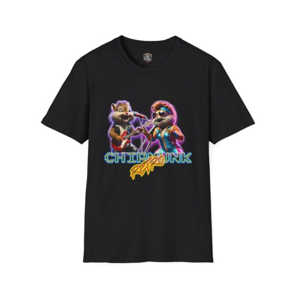 Chipmunk Retro black t-shirt featuring cartoon chipmunks rocking out on electric guitars, with vibrant neon text that says "Chipbunk Rockin'.