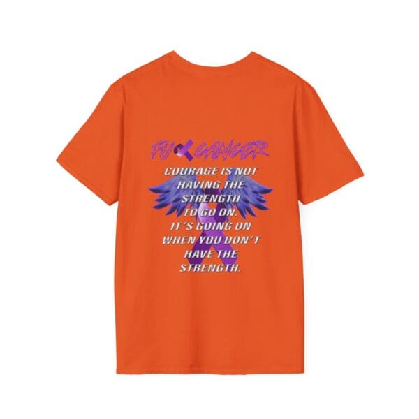 Orange "F*ck Cancer Ribbon T-Shirt" featuring a blue wing design and the text: "Courage is not having the strength to go on. It's going on when you don't have the strength.