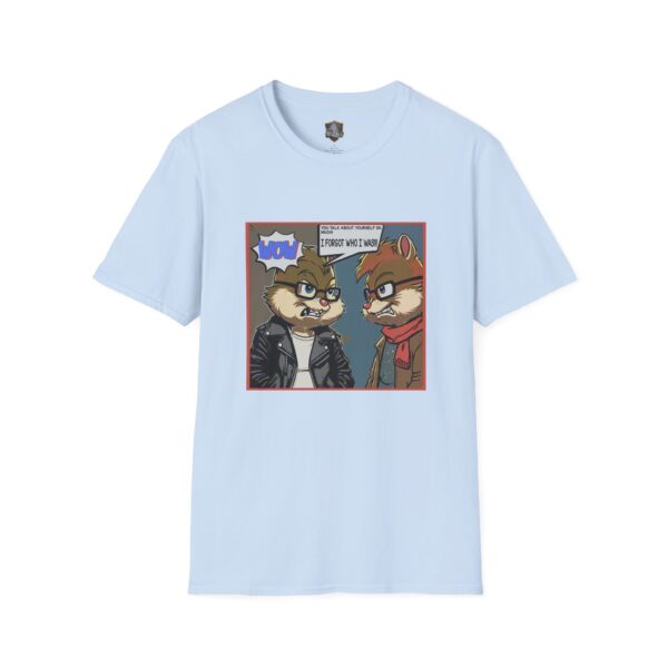 Light blue "Overt Narcissism - Forgetting Myself Graphic Tee" featuring two illustrated chipmunks in conversation. One wears a leather jacket, while the other's speech bubble reads, "You forgot who I was.