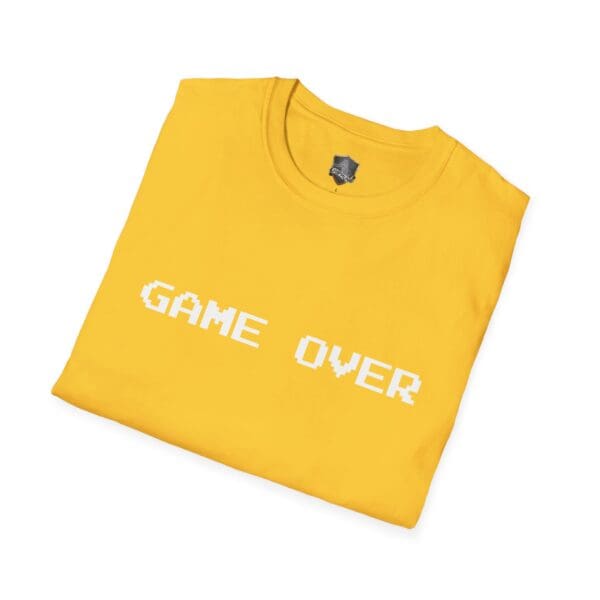 Yellow Game Over T-Shirt, featuring a "GAME OVER" design in white pixelated letters on the front, neatly folded.