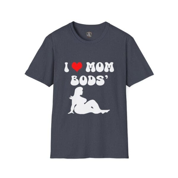 A dark gray "I ❤️ Mom Bods" t-shirt features a silhouette of a reclining woman.