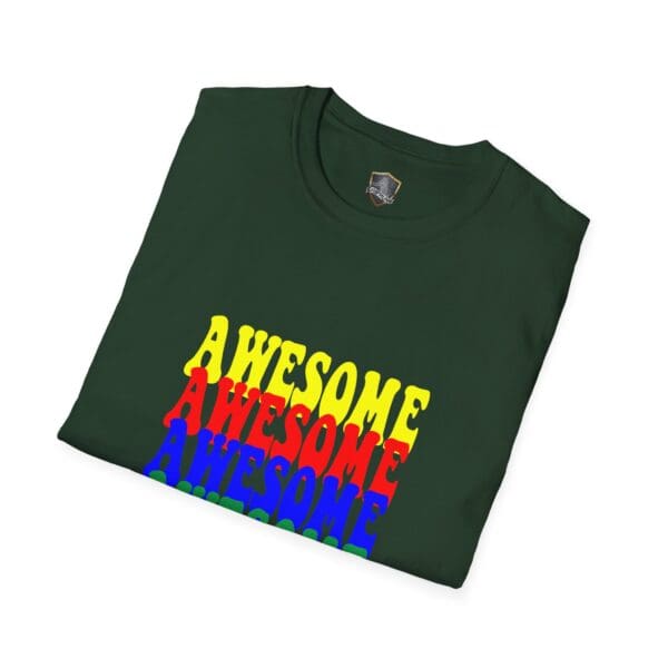 Awesome Shirt in a folded green design featuring the word "AWESOME" printed in yellow, red, and blue on the front.