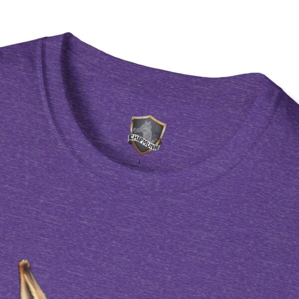 Close-up of a purple "Don't Be A Jack Ass" shirt with a small, shield-shaped logo at the neckline, showcasing the text "Chipmunk" along with an image of a chipmunk.