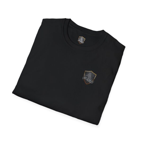 A folded Military Support T-Shirt in black, featuring a small shield logo with text on the front.