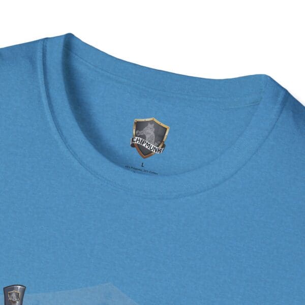 Close-up of the neckline of a blue Admission T-Shirt, featuring a "Chipmunk" brand logo tag inside.