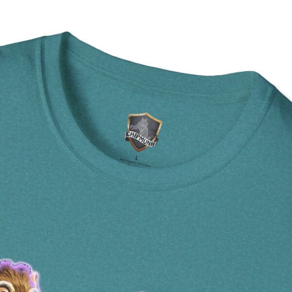 Close-up of a teal Chipmunk Retro T-shirt featuring a prominent logo tag below the collar.