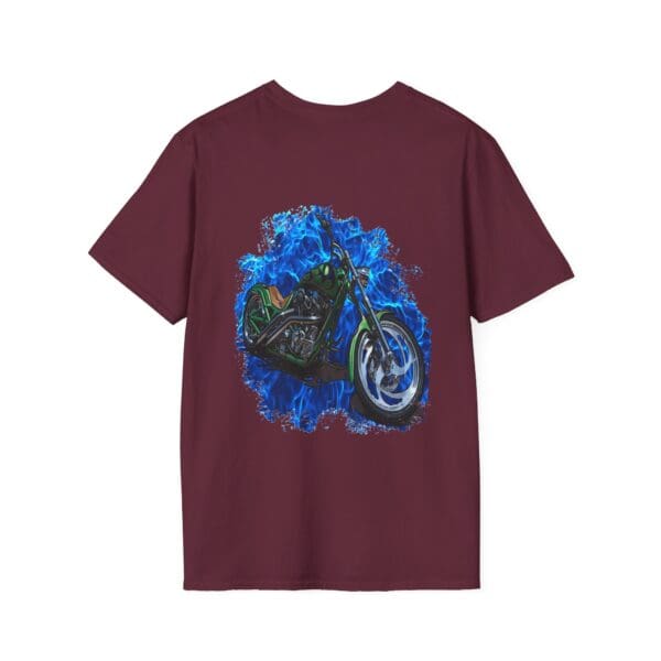 Chipmunk Motorcycle T-Shirt in maroon, showcasing a vibrant motorcycle graphic with blue and green accents on the back.