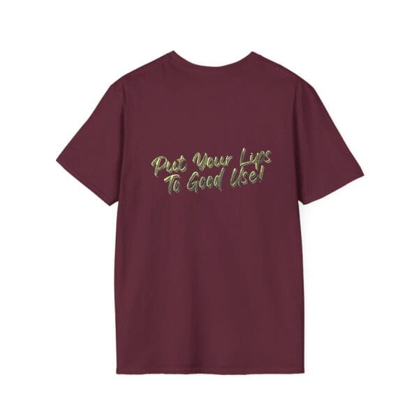 Introducing the OG Chipmunk T-Shirt: a maroon tee featuring the phrase "Put Your Lips To Good Use!" in intricate yellow lettering on its back.