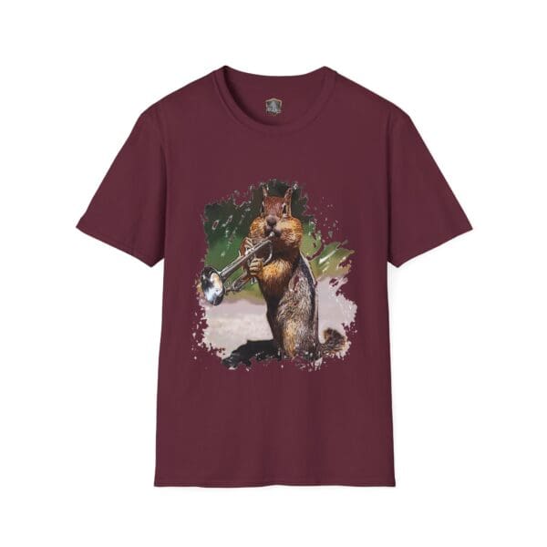 OG Chipmunk T-Shirt in maroon showcasing a graphic of a squirrel playing a trumpet.