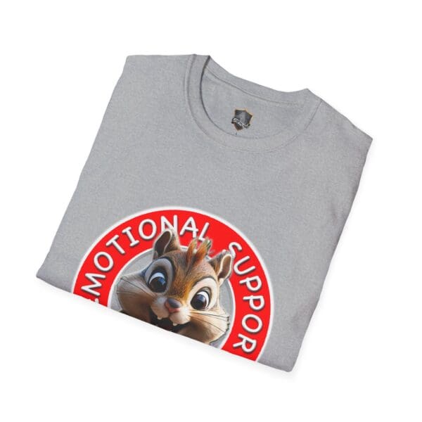 Emotional Support Chipmunk T-Shirt in gray, showcasing a cartoon chipmunk with the phrase "Emotional Support" contained within a red circle.