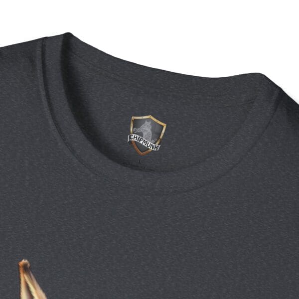 Close-up of a dark gray T-shirt featuring a small chipmunk graphic near the collar and the product name "Don't Be A Jack Ass.