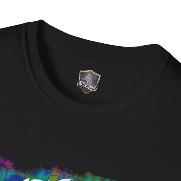 Close-up of a black Roadie Friday Shirt featuring a colorful graphic design, with a logo label reading "Chipmunk" inside the neckline.