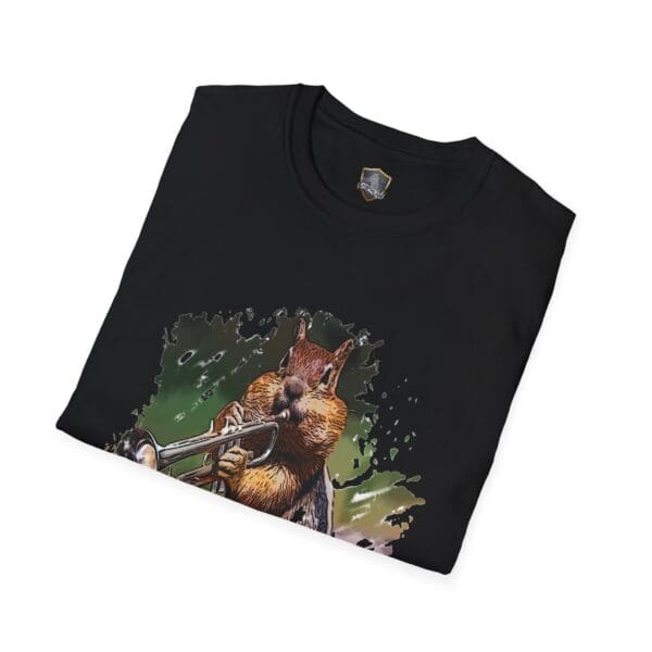 OG Chipmunk T-Shirt in black with a design of a squirrel playing a trumpet.