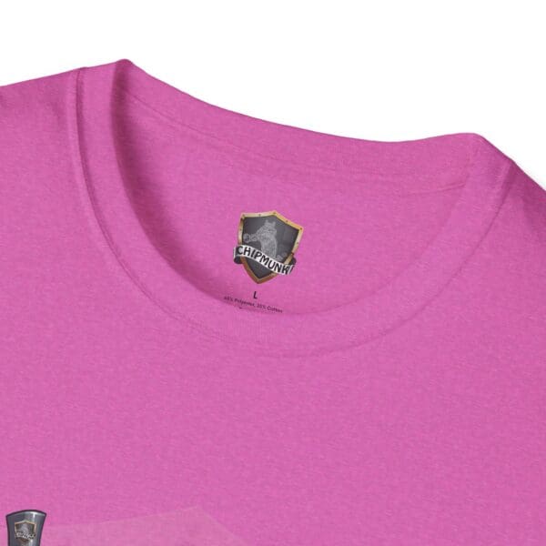 Close-up of a pink Admission T-Shirt neckline featuring a logo with the "Chipmunk" text on the inner tag, crafted from 65% polyester and 35% cotton.