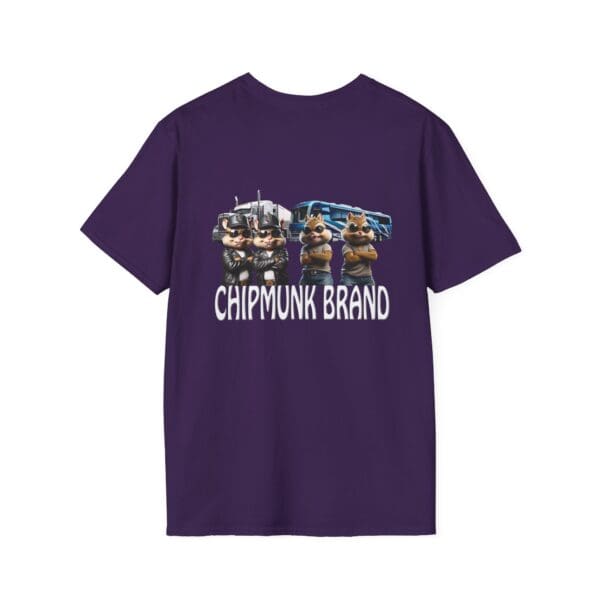 Chipmunk Family T-Shirt in purple featuring the text "CHIPMUNK BRAND" and an image of four cartoon chipmunks in front of a large vehicle.