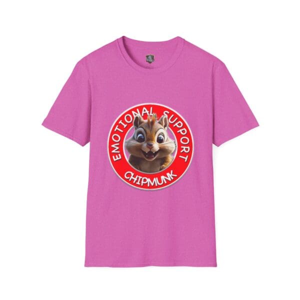 Pink T-shirt featuring a cartoon chipmunk face encased in a circle, with the text "Emotional Support Chipmunk" surrounding it.