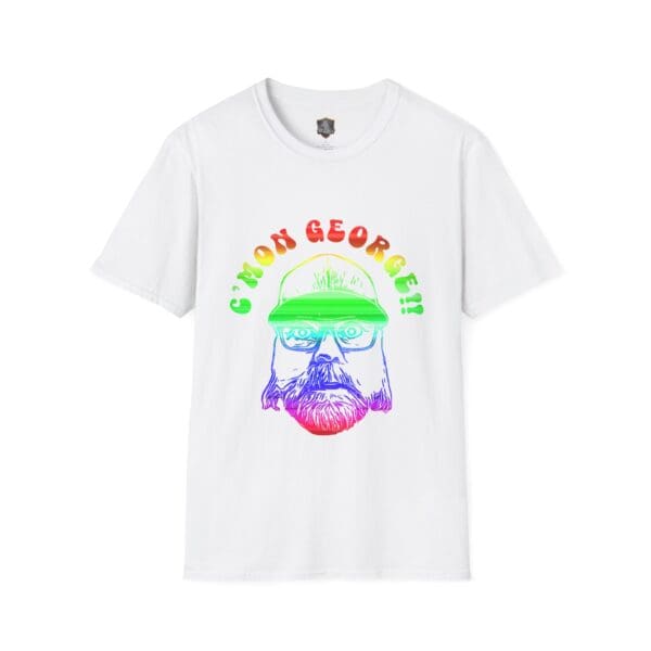 C'mon George!! Retro Rainbow Roadie T-Shirt" is a white tee showcasing a vibrant graphic of a bearded man with glasses and a hat, accompanied by the text "C'MON GEORGE!!" above the image.