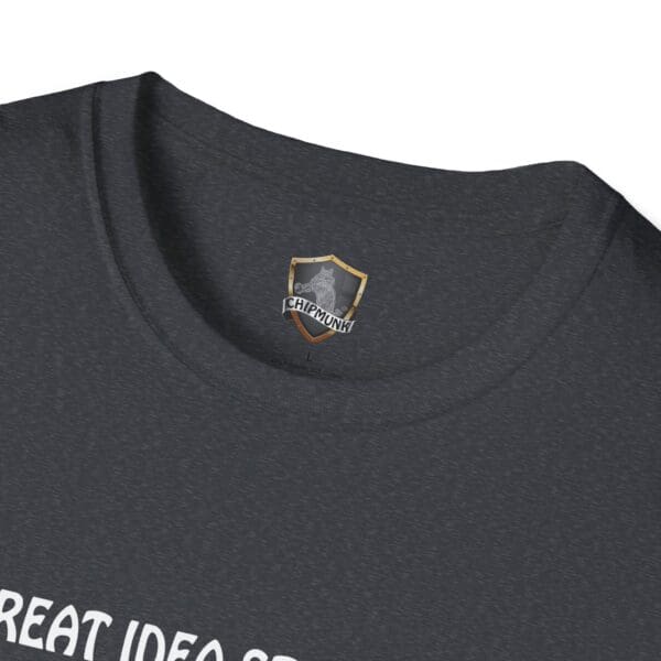 Close-up of a Great Idea T-Shirt in dark gray, showcasing a small shield logo with "CHIPMUNK" near the neckline and partially visible text at the bottom that says, "GREAT IDEA.