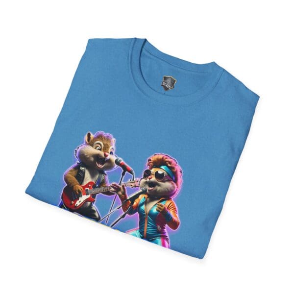 Chipmunk Retro blue t-shirt showcasing two animated chipmunks, one playing a guitar and the other singing with a microphone.