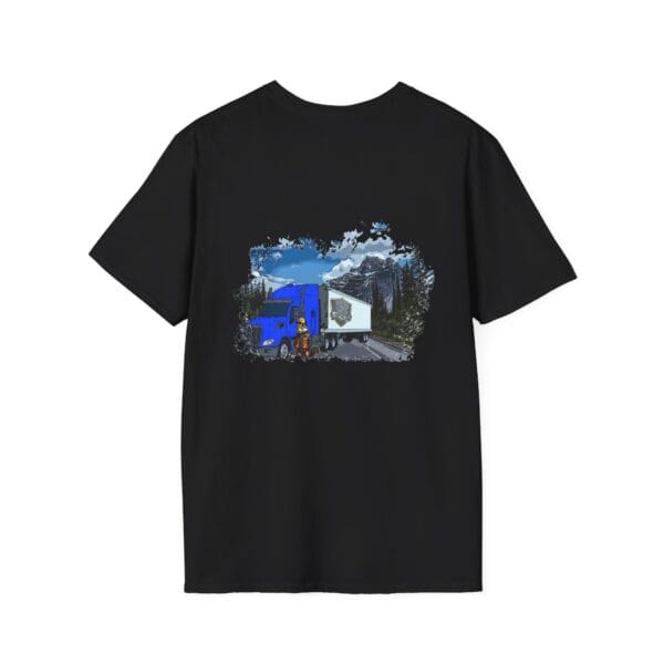 Chipmunk Trucker Shirt showcasing a black design with a graphic of a blue semi-truck on a mountain road beneath a blue sky.