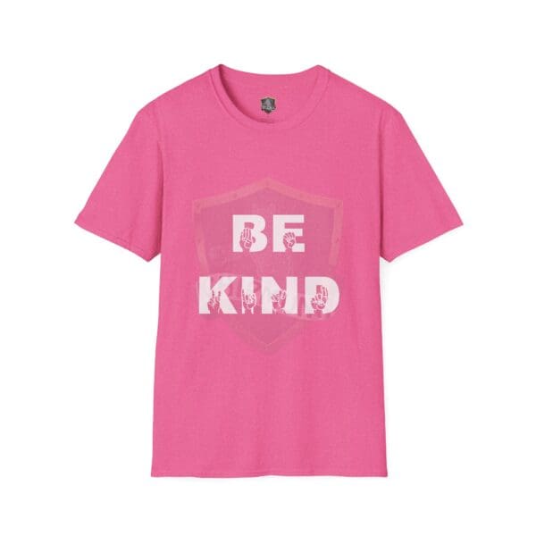 Pink t-shirt featuring the "Be Kind in Sign Language" design with large white letters.