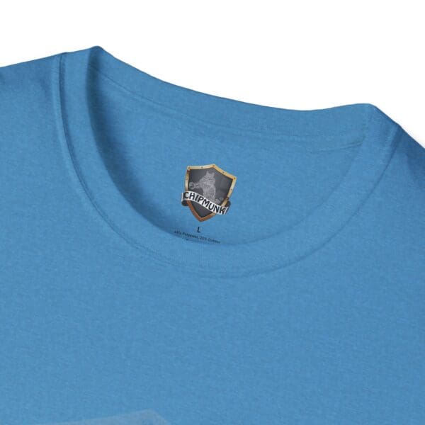 Close-up of a blue "What I Forgot You Will Never Know" t-shirt featuring a "Chipmunk" logo and label inside the collar.