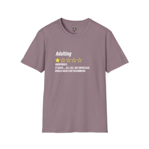 Adulting 1-Star Review T-Shirt in purple with the text: "Anonymous: It sucks... all lies. Not impressed. Would highly not recommend.