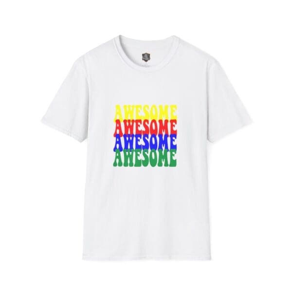 Awesome Shirt featuring a white base with the word "AWESOME" printed vertically in yellow, red, blue, and green.