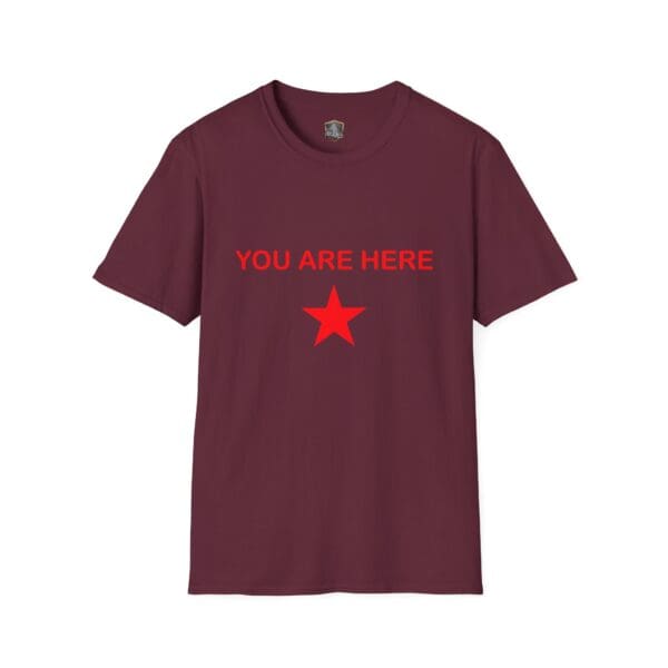 Guiding Star Tee Shirt in maroon featuring red text "YOU ARE HERE" above a red star on the front.