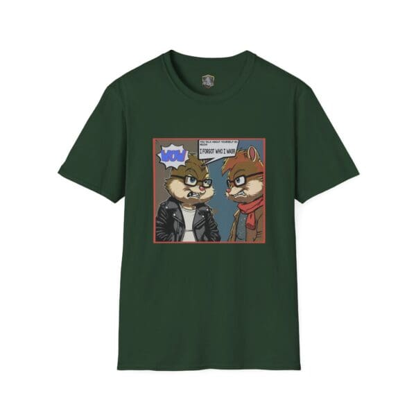 Overt Narcissism - Forgetting Myself Graphic Tee in dark green, featuring a comic-style image of two animated animals in jackets. One is saying, "How many times do I have to remind you?" while the other responds with, "I forgot who I was.