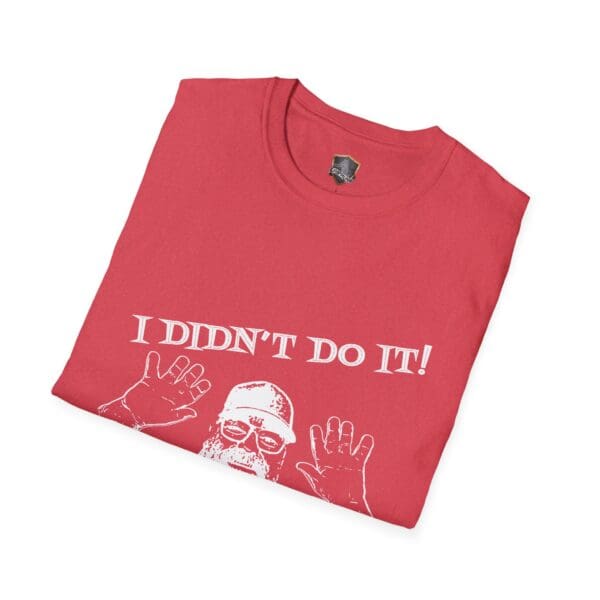 Discover the George the Roadie's Iconic Icebreaker T-Shirt, featuring bold text "I Didn't Do It! I Was Framed!!!" and an image of a person raising their hands.