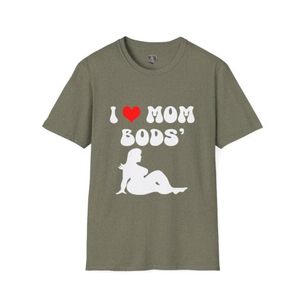 A green "I ❤️ Mom Bods" T-shirt featuring a silhouette of a reclining person.