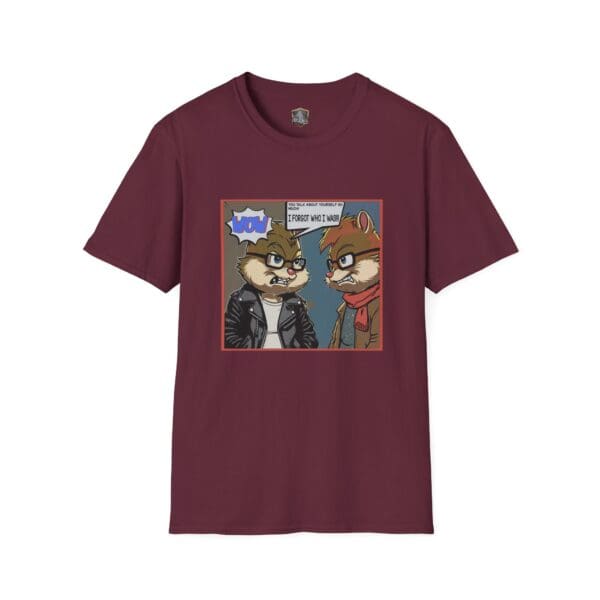 Burgundy "Overt Narcissism - Forgetting Myself" graphic tee featuring two cartoon chipmunks in leather jackets, with one saying "You forgot who I was.