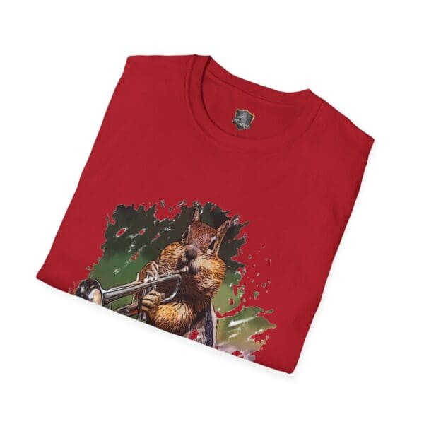 OG Chipmunk T-Shirt in red, showcasing a graphic of a squirrel playing a trumpet against a multicolored background.