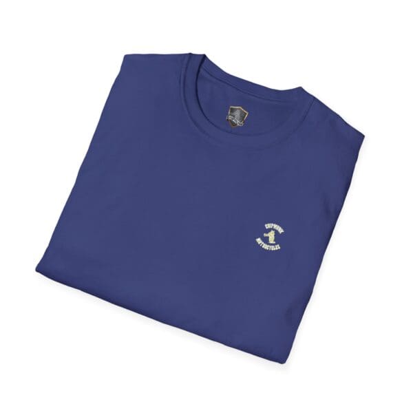 Folded Chipmunk Bobber T-Shirt in blue with a small embroidered logo on the left side, featuring a yellow dinosaur and the words "Dinosaur Matesville.