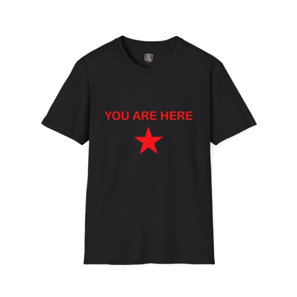 Guiding Star Tee Shirt in black featuring red text "YOU ARE HERE" above a red star.