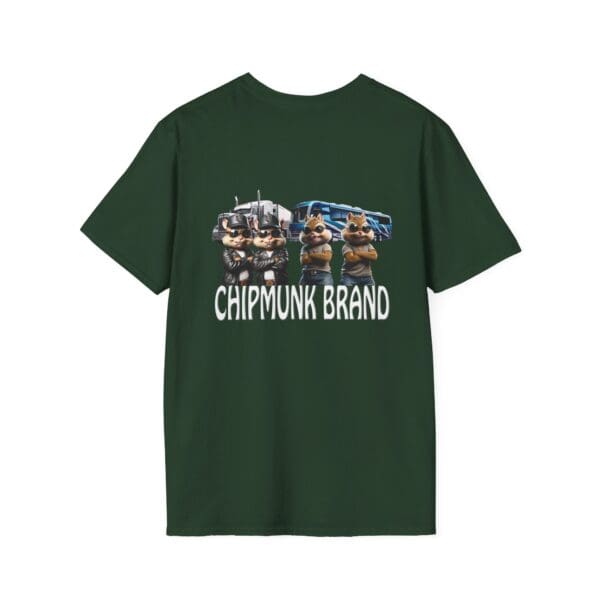 Chipmunk Family T-Shirt showcasing cartoon chipmunks posed in front of a large truck, with "Chipmunk Brand" inscribed underneath.