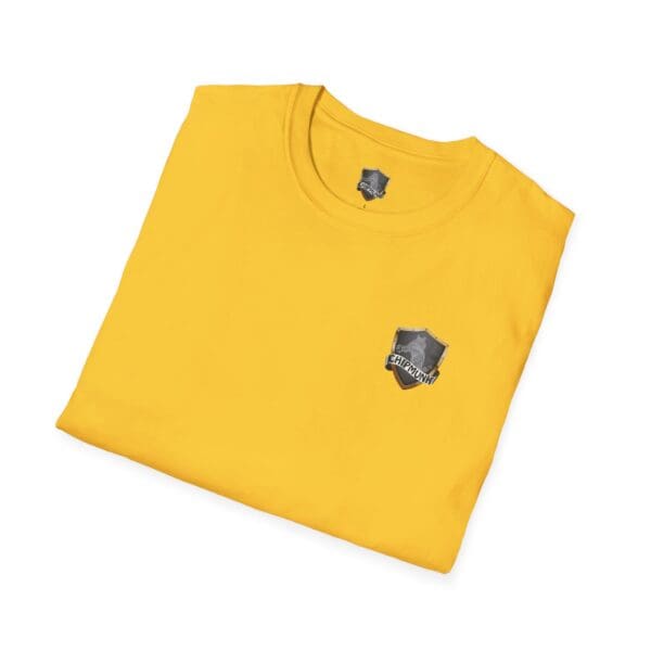 Chipmunk Family T-Shirt in yellow, featuring a small shield-shaped logo on the left chest area, neatly folded.