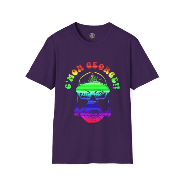 C'mon George!! Retro Rainbow Roadie T-Shirt in purple, showcasing a neon graphic of a bearded face with a helmet and the text 'C'MON GEORGE!!' in vibrant, psychedelic font.