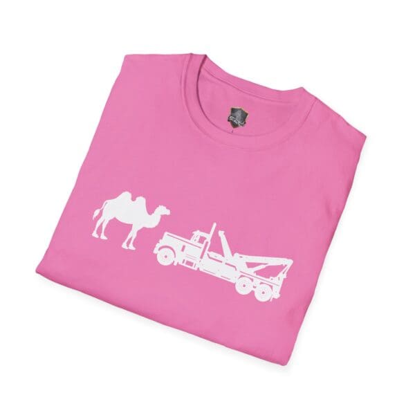 Camel Tow pink folded t-shirt featuring a white graphic of a camel and a tow truck on the front.